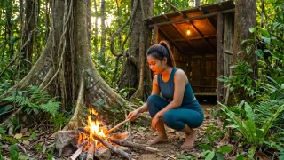 Building a Warm Secret Shelter Inside a Giant Hollow Tree