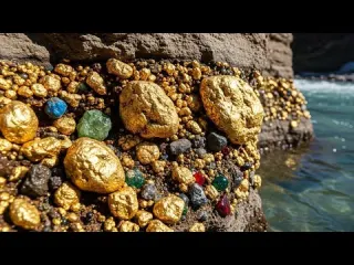 At River mineral rich cliffside where exposed gold and