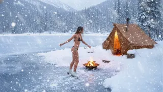 Winter Camping in a Snow Storm with Hot tent