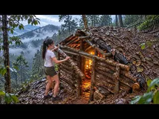 Building a Cozy Log Shelter Hidden on a Mountain Slope