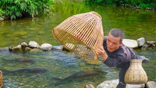 Dwarf Family Builds Stone Traps to Catch Fish in the Stream