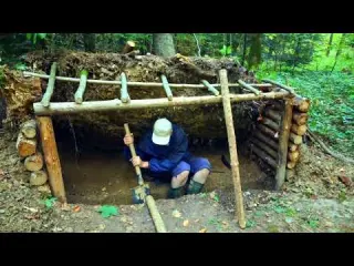 Heavy Rain Camping Under a Fallen Tree Bushcraft Shelter