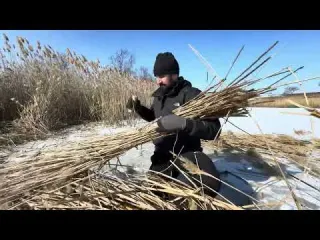 Building a shelter from hay and reeds survival skills