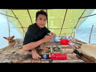 Heavy rain camping Catching and cooking fish in prolonged