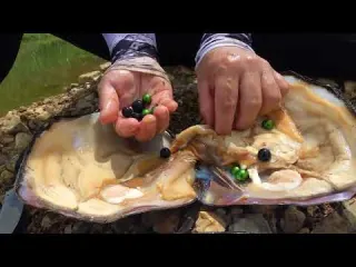 The girl dug out a big clam in the sand and found natural