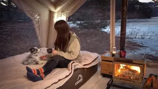 On a Snowy Lake In a Cozy air tent Relaxed Camping with my