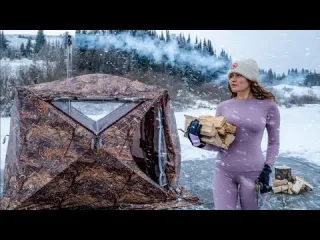 Winter Camping on a Frozen Lake Ice Skating