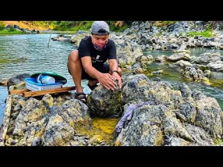 Gold Panning Digging Under a Large Boulder