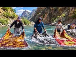 Nomad Life by a Mountain River Washing Clothes in the Wild