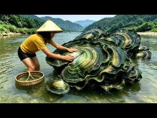 A giant river clam covered in green ripples blooming as a