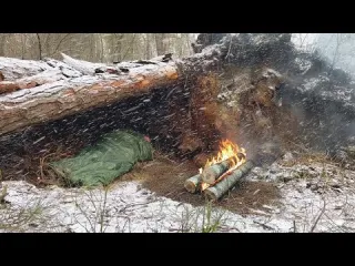 Shelter unter Baumstamm und Wurzeln mit Nodja Feuer Solo
