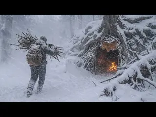 Shelter unter Baumstamm mit Lagerfeuer Solo Bushcraft