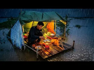 Solo camping in the middle of a flood All night in the