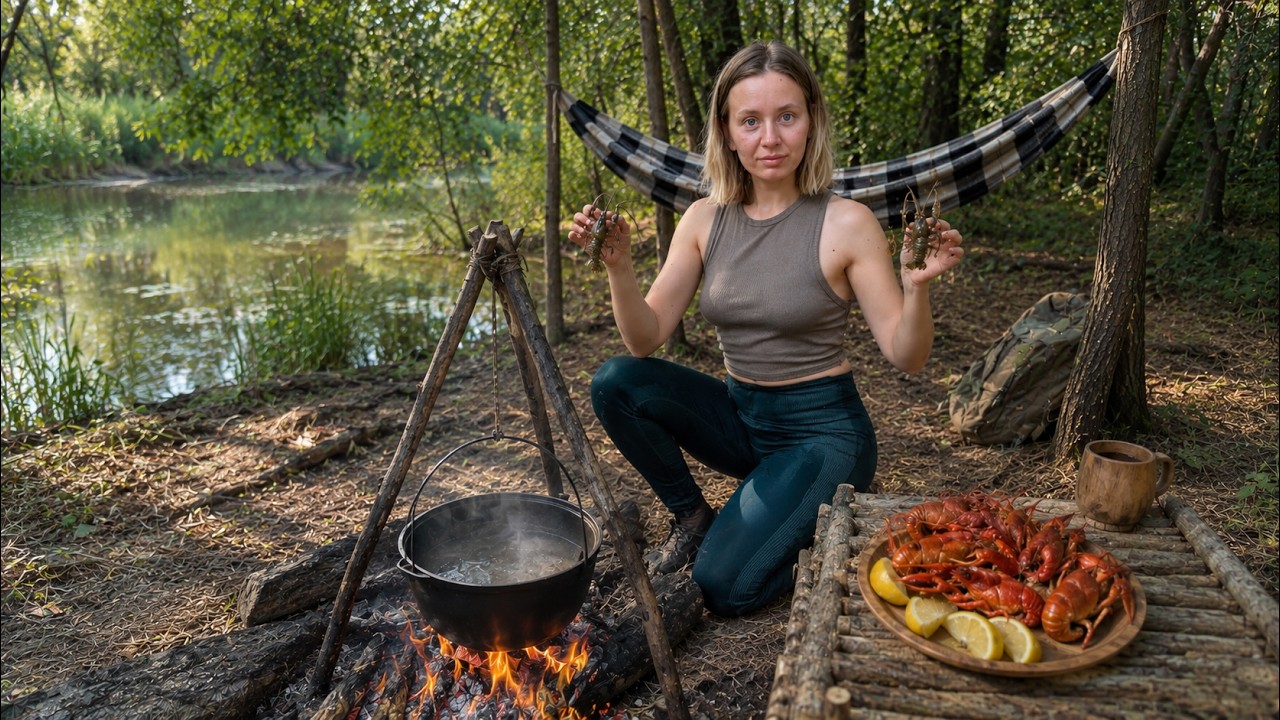 My Cozy Forest Camp Near the River Crayfish Hunting &