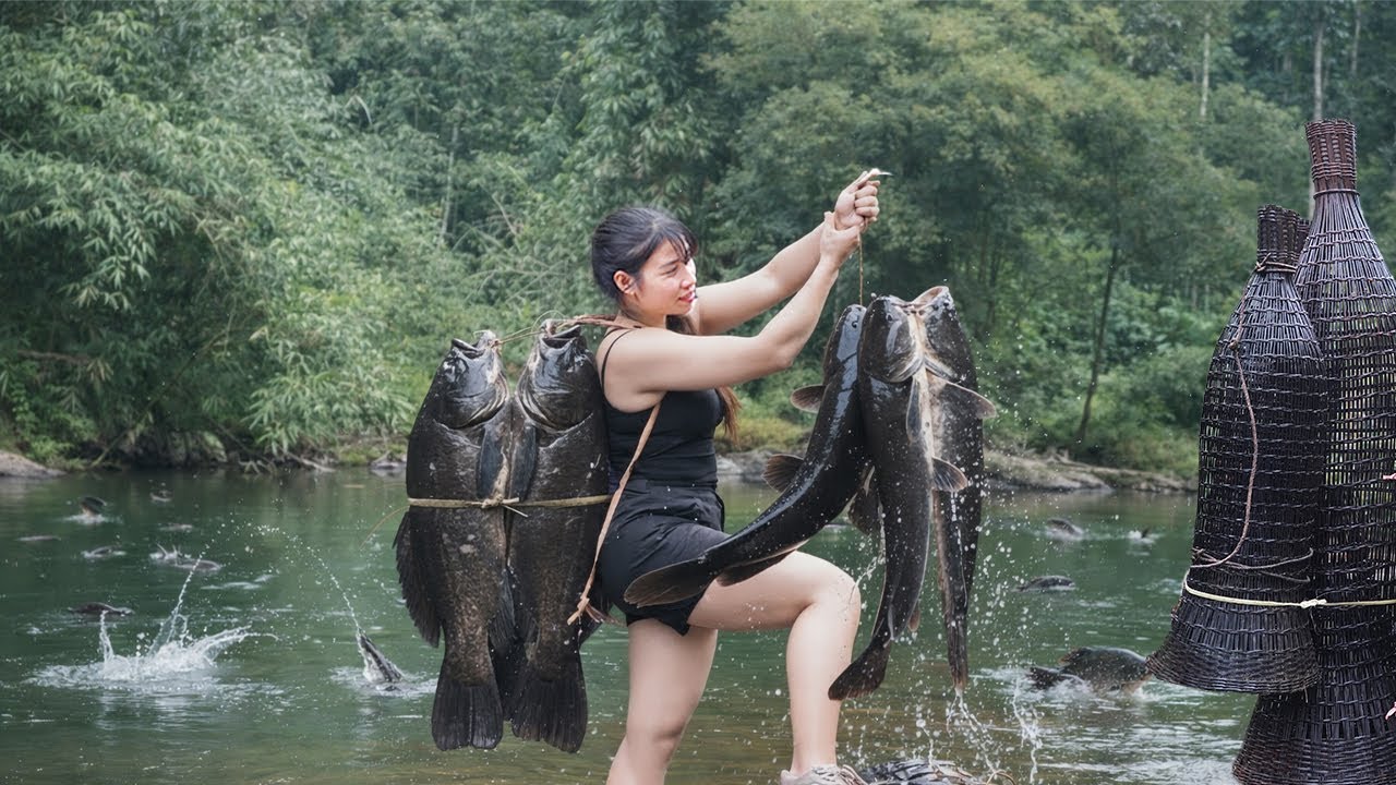 Catching giant catfish with cages on a wild river