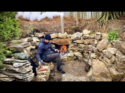 Building a secret shelter dugout made of stones