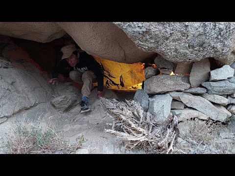 "Building a Survival Camp in a Stone Cave"