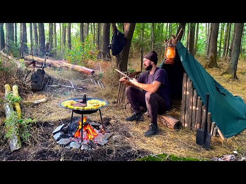 Building a Shelter in the Forest Cooking Outdoors on a