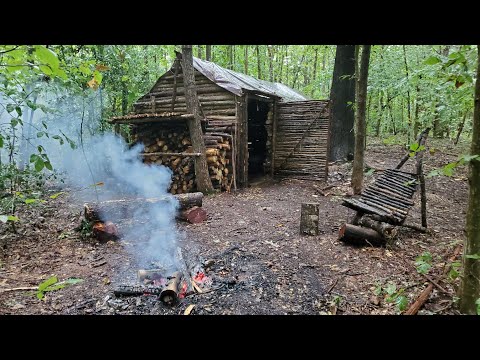Bushcraft Log Cabin Camping in Rain Storm - Repairing and