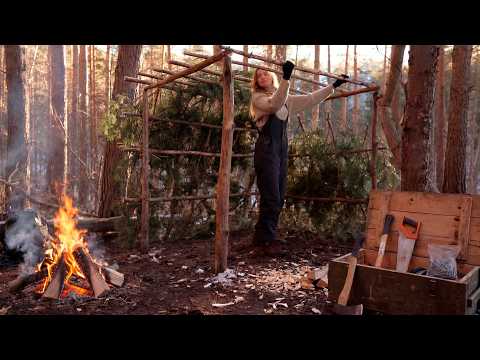 Girl Alone in the Wild Building a Primitive Shelter