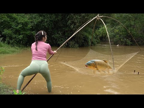 Young Girl's Fishing on River, Ancient Fishing Method,