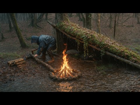 Alone Survival in Wilderness Rainstorm : Building Shelter,