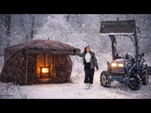 Camping in Snow with Hot Tent and Stove Tractor Drift Fun