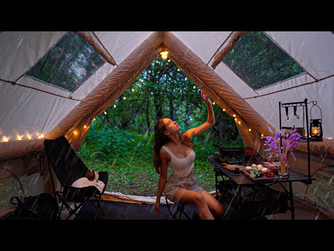 Magical Camping in a Rainy Forest with Inflatable Tent