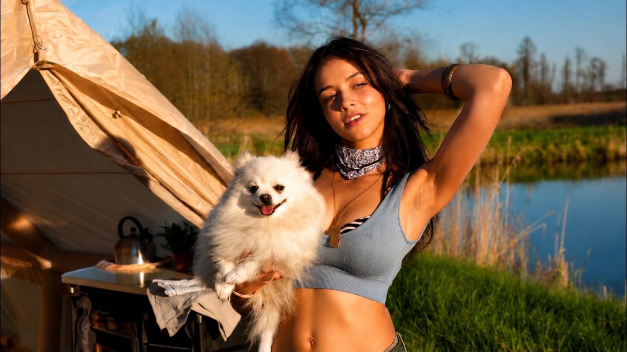 Solo Girl Camping with My Dog Cozy Air Tent, Wood Stove