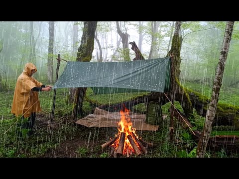 Camping in heavy rain and hail _ Survival shelter with a