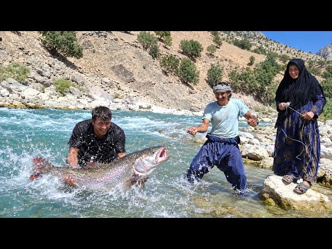 Iranian Nomadic Family Catching a Giant Fish with a