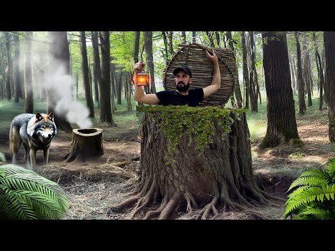 Building a Secret Dugout in a Large Tree Stump Survival