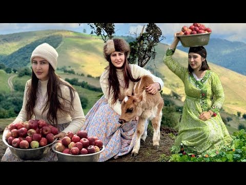 Village girls cook apple compote in the summer cottage!