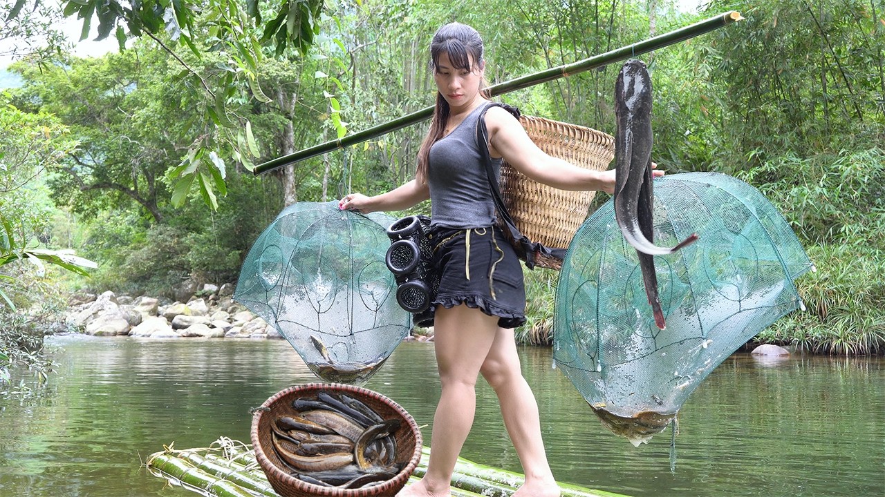 Fishing using rudimentary tools, bamboo rafts, traps