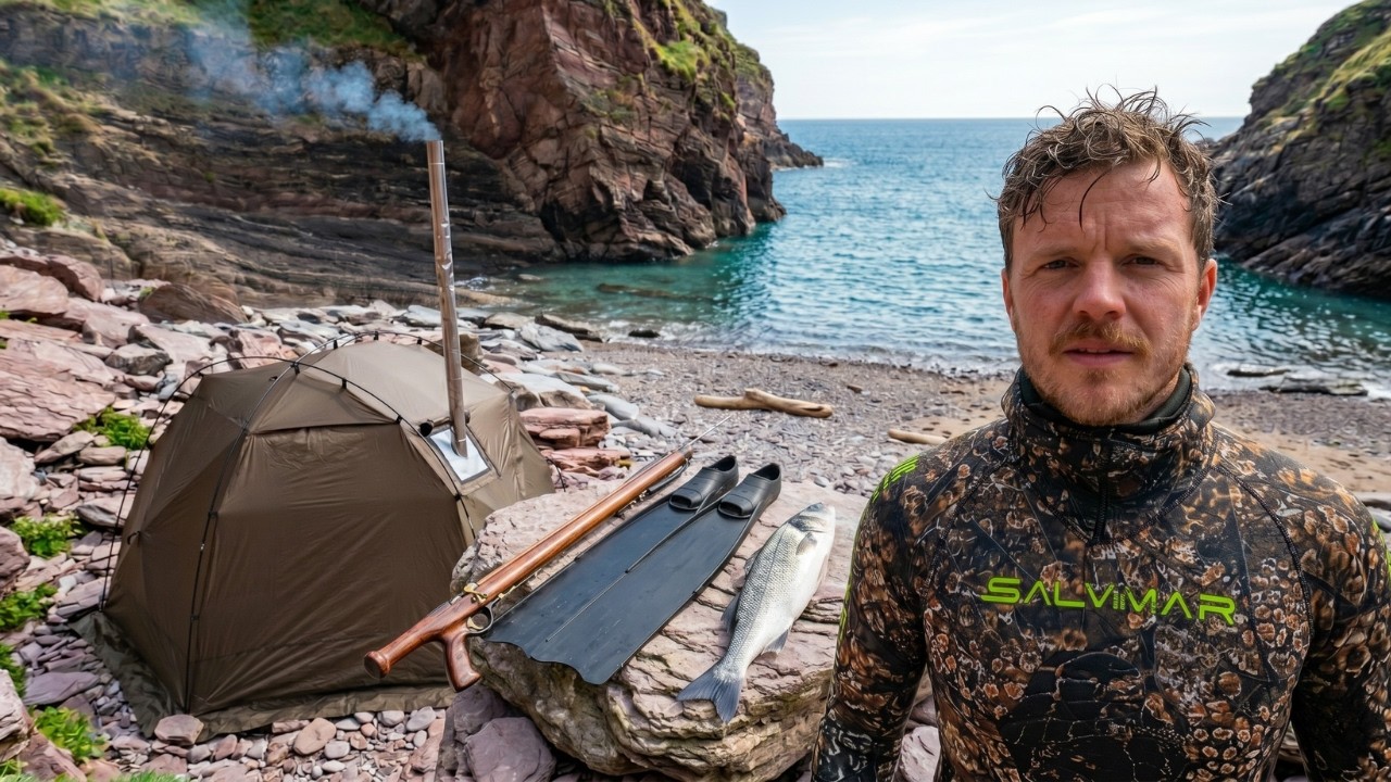 Solo Hot Tent Camping Spearfishing Catch and Cook