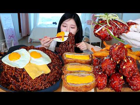 ASMR MUKBANG 직접 만든 짜파게티 양념치킨 치즈돈까스 만두 먹방 & 레시피 FRIED