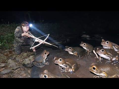 crossbow frog hunting skills at night, survival in nature,
