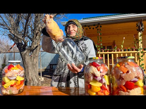 Grandma Cooking Chicken with Vegetables In a Glass Jar -