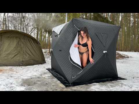 Solo Girl Winter Camping Frozen Lake, Hot Sauna & Cold
