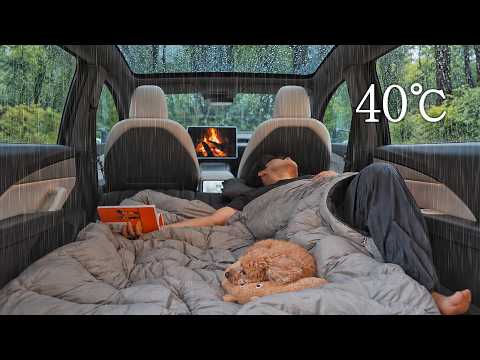 40℃ Heavy Rain Camping in a Tesla Model Y Juniper with My