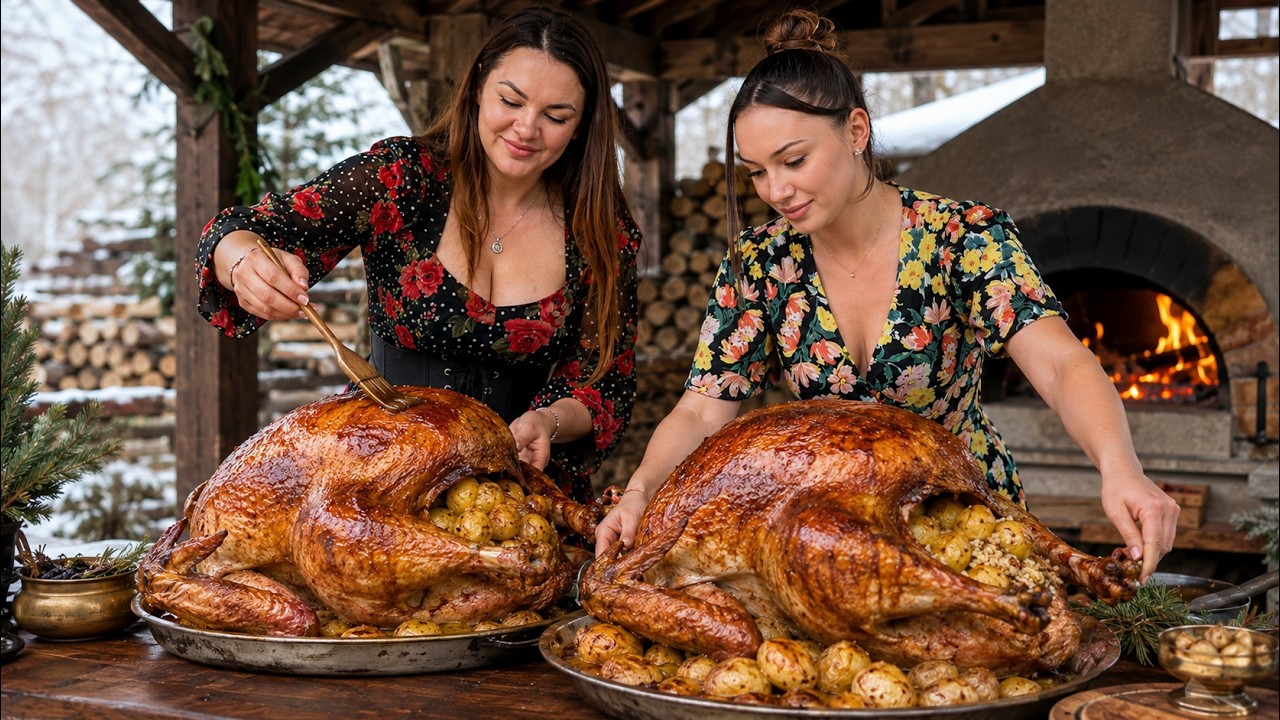 2 Giant Turkeys Stuffed with Potatoes and Roasted in a
