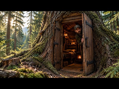 Building a secret shelter inside a large tree: extreme