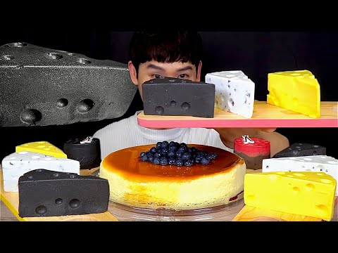 ASMR 옐로우 블랙 화이트 무스치즈케이크 블루베리치즈케이크 먹방Yellow Black White
