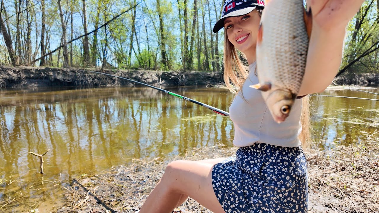 Girl Fishing With Hook Traditional l Simple Village Life