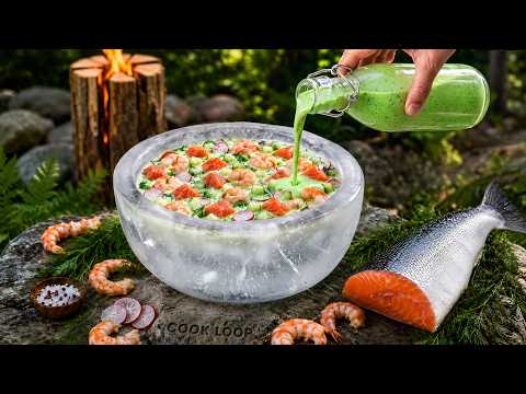 Cooking Gourmet Seafood Soup in a Crystal Ice Bowl