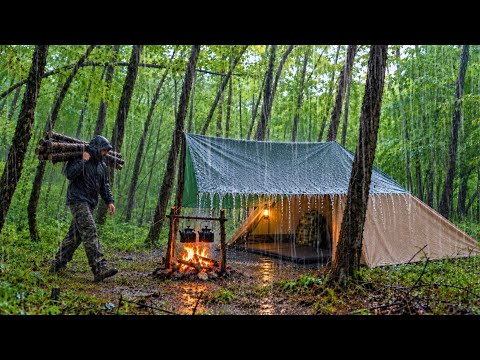 24 Hours Camping in Heavy Rain Cozy Shelter in the Rain