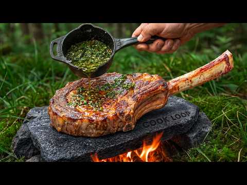 Tomahawk Steak on a Hot Stone over Fire ASMR Forest