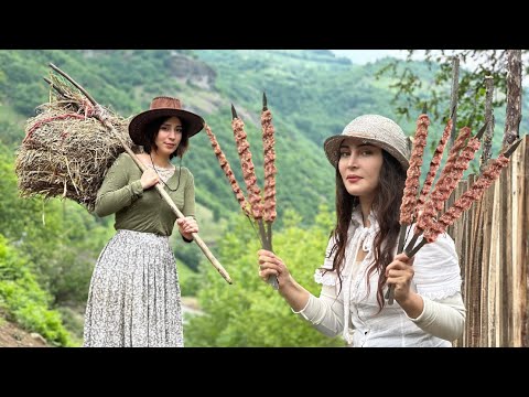 Cooking kebab koobideh on a rainy day in the village
