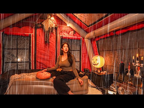 TERRIFYING OVERNIGHT OF CAMPING IN HEAVY RAINㅣHALLOWEEN