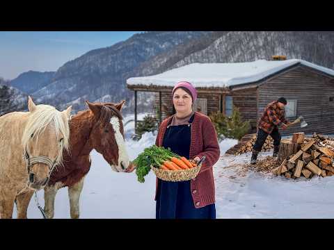 Snowy Winter Day in a Rustic Mountain Village